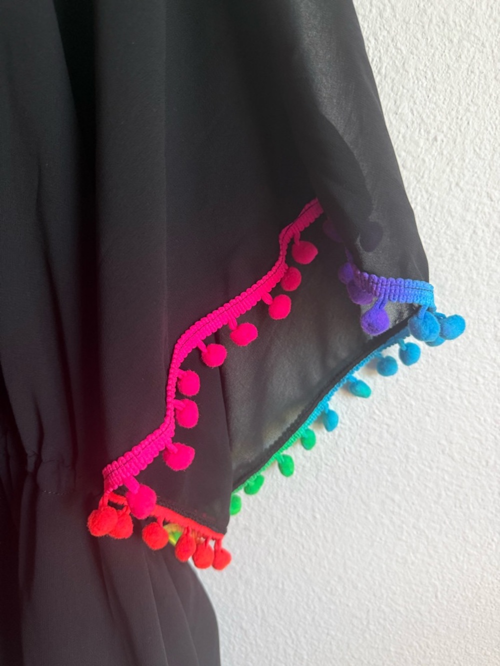 Black Sheer Swim Cover-Up Dress with Rainbow Pom Trim - Picture 4 of 5
